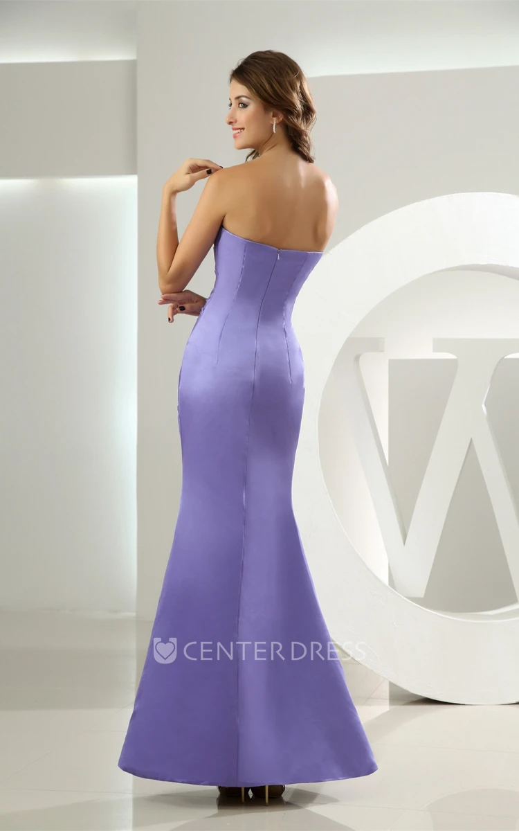 Simple Strapless Mermaid Satin Ankle-Length Bridesmaid Dress with Ruching
