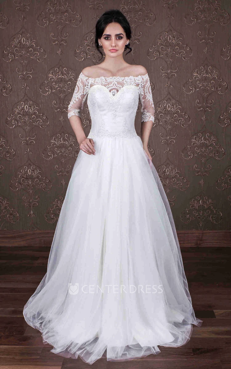 A-Line Long Half-Sleeve Off-The-Shoulder Tulle Wedding Dress With Appliques And Illusion