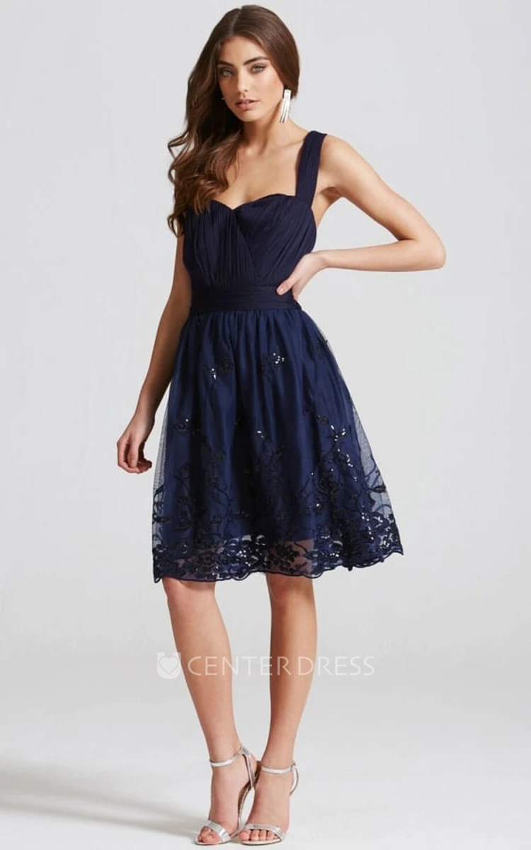 Short Strapped Sleeveless Appliqued Tulle Bridesmaid Dress With Ruching
