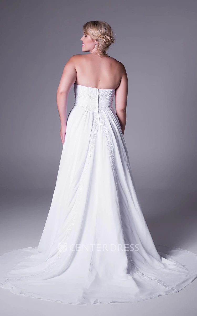 Sheath Appliqued Strapless Chiffon Plus Size Wedding Dress With Ruching And Court Train