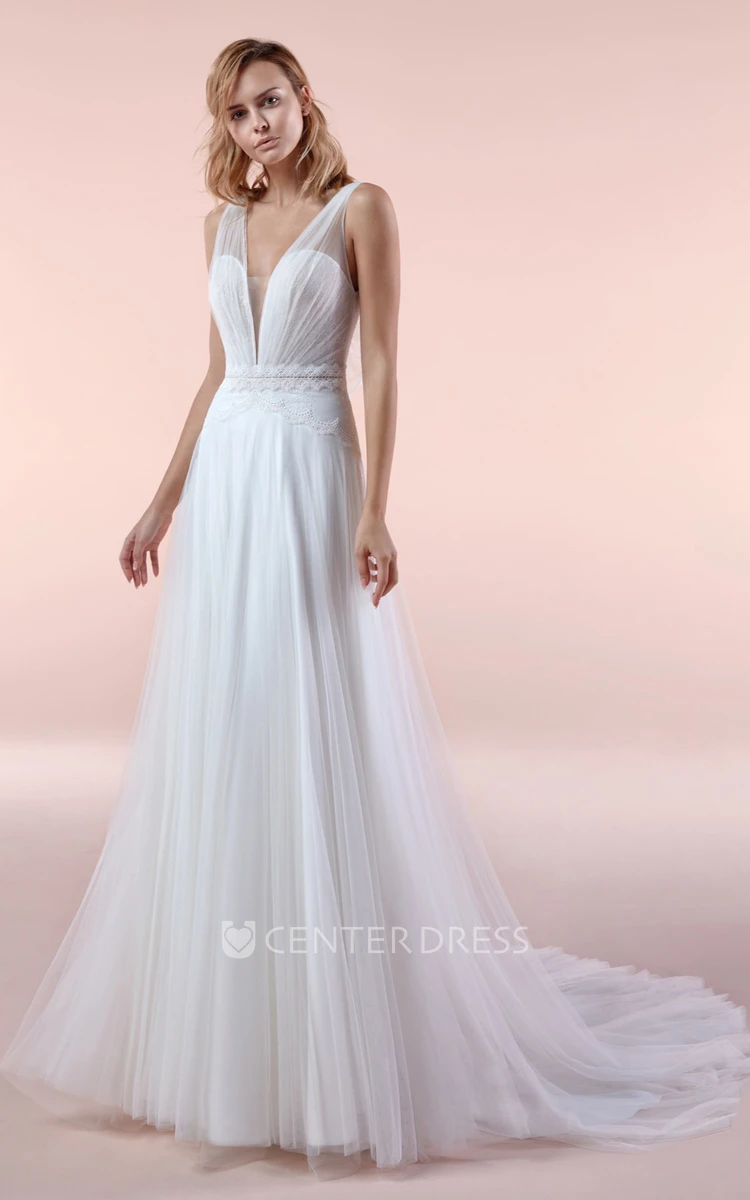 Unique Cap Sleeve V-neck Tulle Bridal Gown
