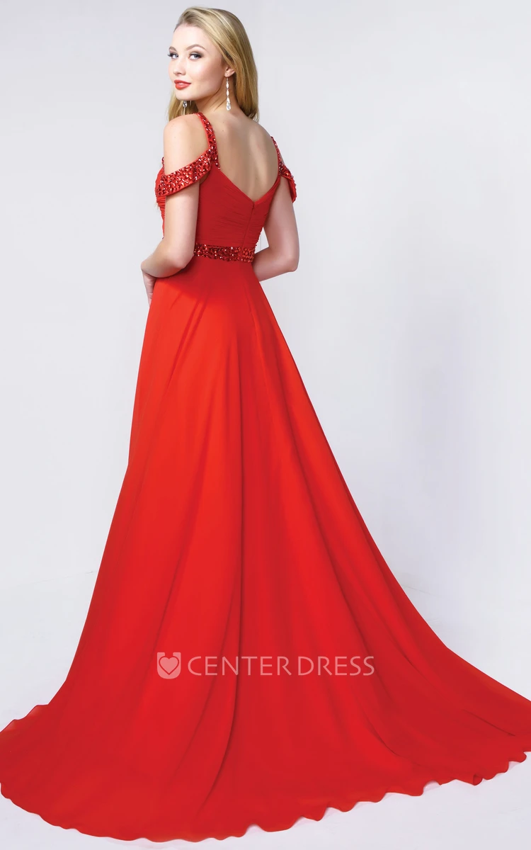 A-Line Long Straps Chiffon Court Train Low-V Back Dress With Criss Cross And Beading