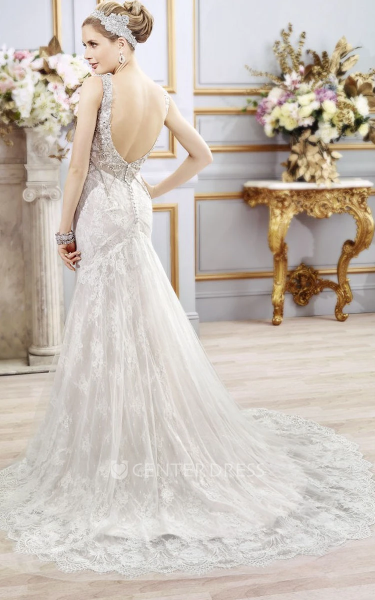 Straps Maxi Beaded Lace Wedding Dress With Court Train And V Back