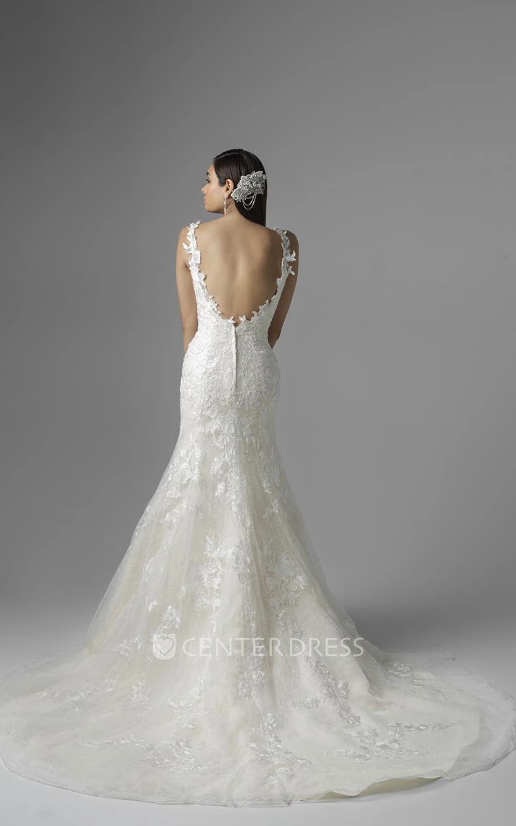 Trumpet Sleeveless Floor-Length V-Neck Appliqued Lace Wedding Dress With Court Train And Deep-V Back