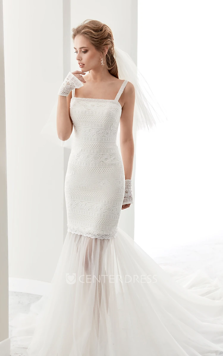 Square-Neck Lace Sheath Gown With Detachable Illusion Tulle Bottom
