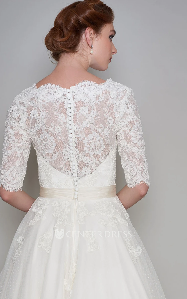 Simple Lace and Organza A-line Button Back Half Sleeve Wedding Dress