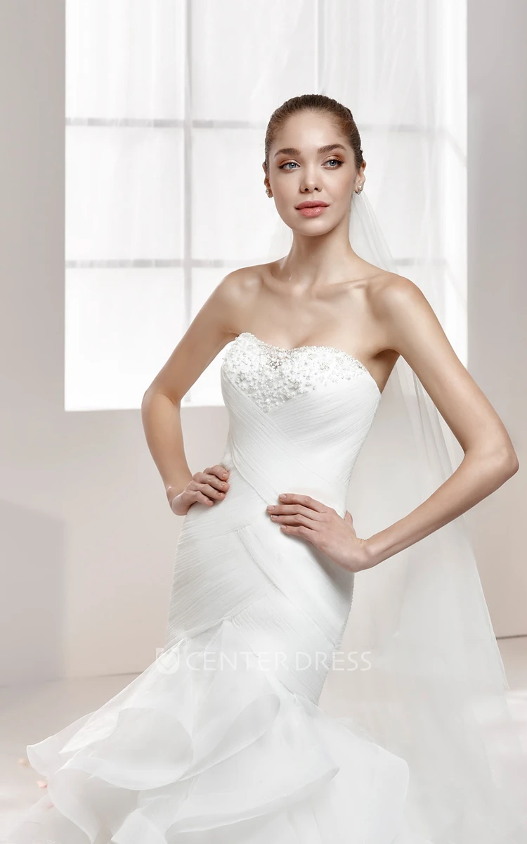 Strapless Ruffled Mermaid Wedding Gown with Beaded Bust and Crisscross Waist