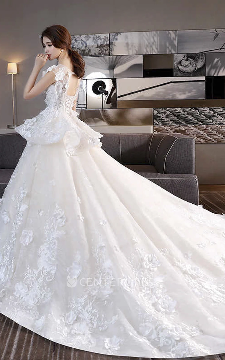 Princess Cap Sleeve Lace-up 3D Floral Appliqued Lace Wedding Dress With Peplum Skirt