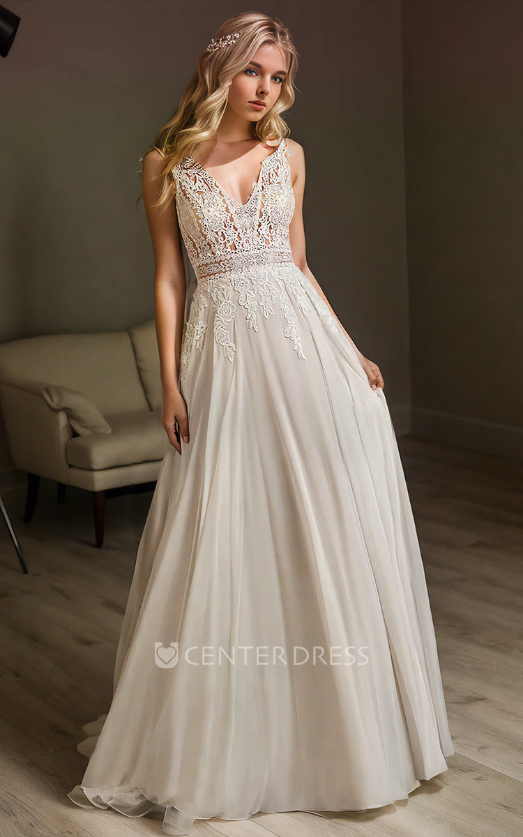 Boho Sleeveless Beach V-neck Flower Lace A-Line Floor-length Wedding Dress with Keyhole Back