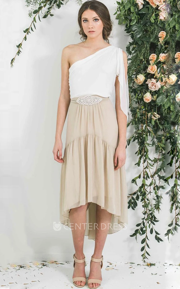 High-Low Jeweled One-Shoulder Sleeveless Chiffon Bridesmaid Dress