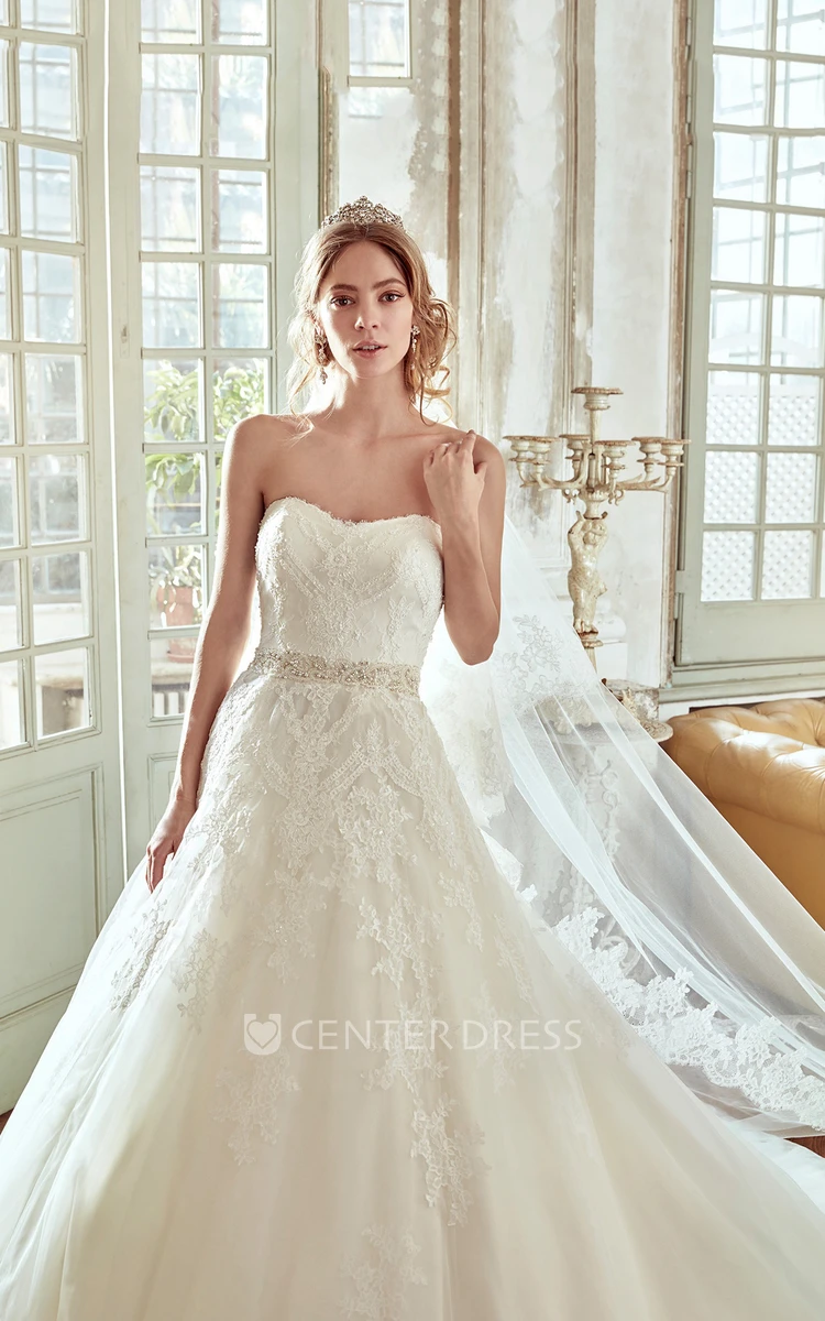 Strapless Lace A-Line Wedding Dress With Beaded Waist And Low-V Back
