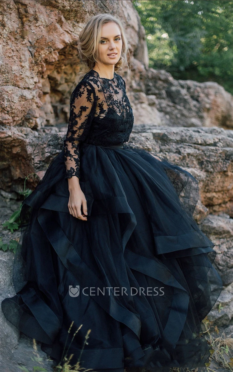 A-Line Long Sleeve Floor-length Scoop Button Illusion Appliques Lace Pleats Sash/Ribbon Black Wedding Dress