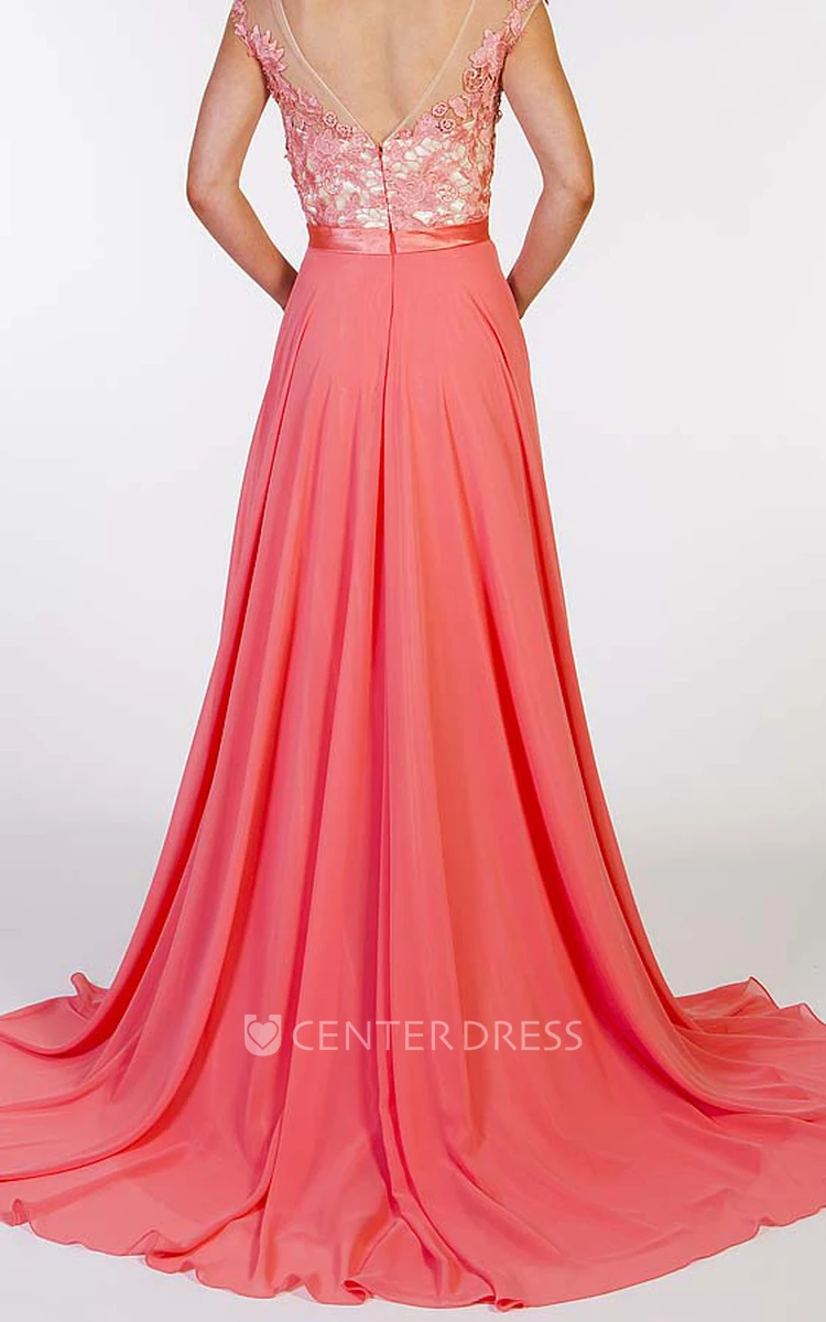 A-Line Scoop-Neck Appliqued Floor-Length Chiffon Prom Dress With Pleats