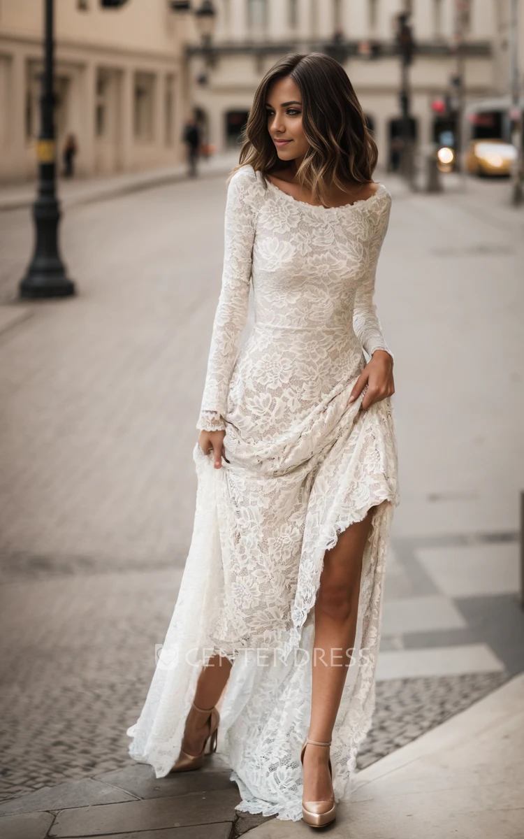 Modest Boho Lace Fitted Wedding Dress Floral Elegant Romantic Bateau Neck Low Back Floor Length Courthouse Bridal Gown