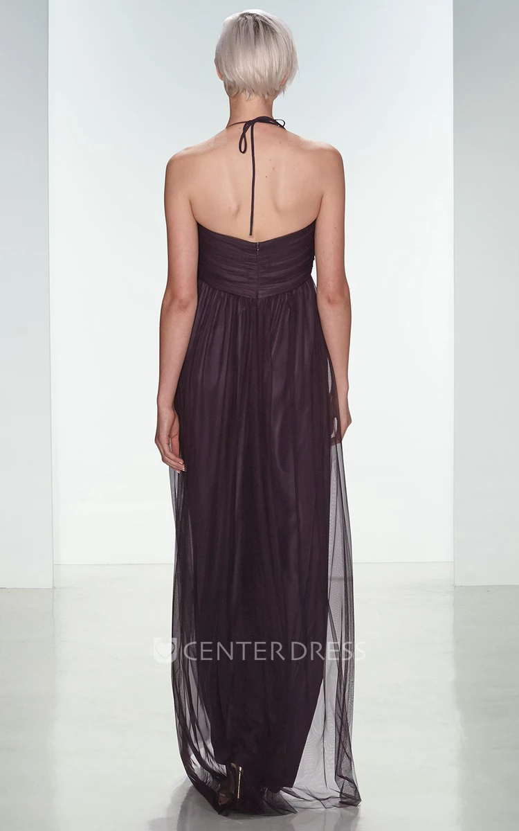 Empire Spaghetti Long Tulle Bridesmaid Dress With Ruching And V Back