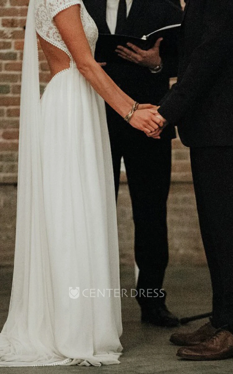 Sheath Short Sleeve Chiffon Lace Vintage Modern Keyhole Wedding Dress with Appliques