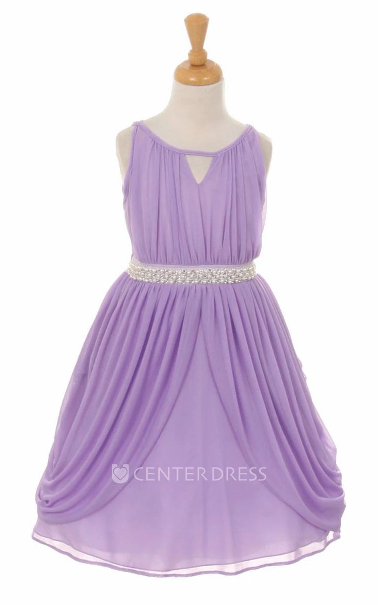 High Neck Tea-Length Tiered Pleated Chiffon Flower Girl Dress With Ribbon