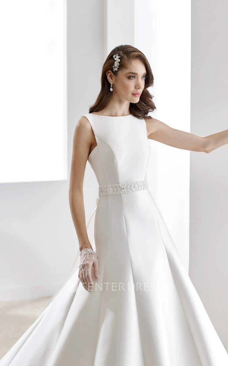 Jewel-neck Satin Wedding Gown with Beaded Belt and One-Strap Back