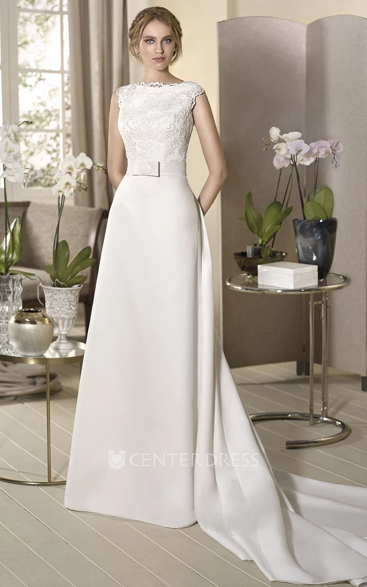 Sheath Appliqued Cap-Sleeve Floor-Length Bateau-Neck Satin Wedding Dress