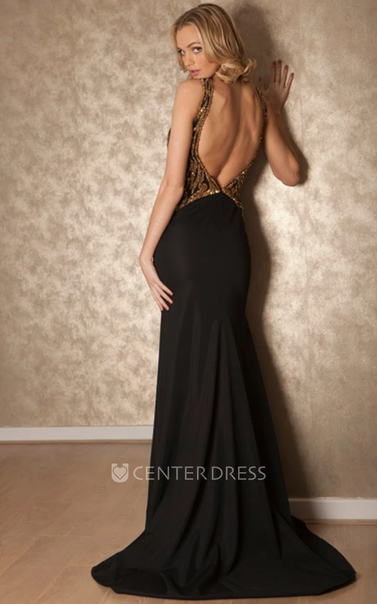 Floor-Length Scoop Beaded Chiffon Prom Dress With Brush Train And Keyhole