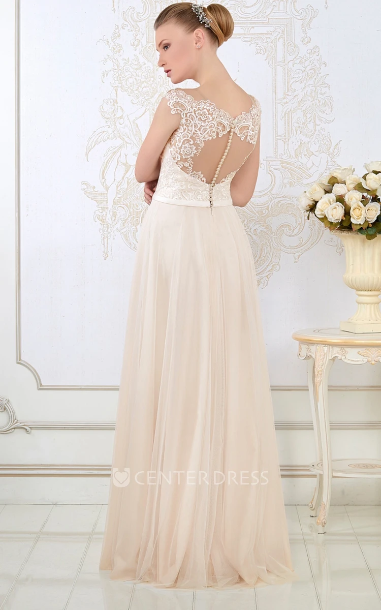 Sheath V-Neck Floor-Length Cap-Sleeve Appliqued Tulle Wedding Dress