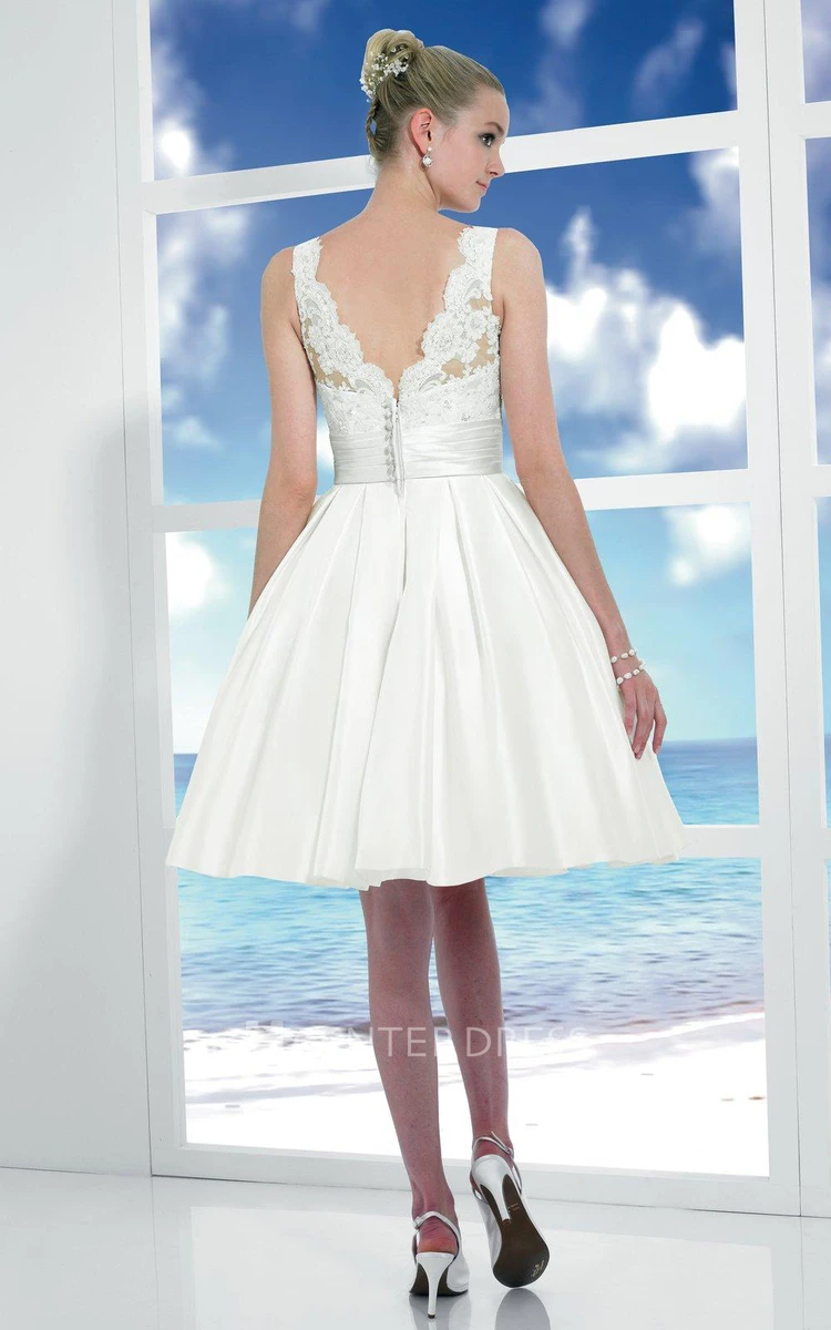 Midi Scoop Appliqued Satin Wedding Dress With Bow And V Back