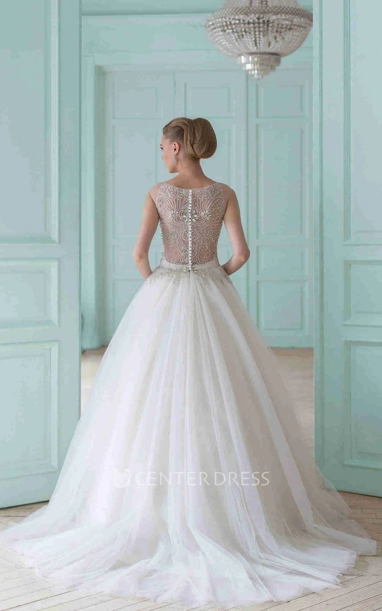 A-Line Floor-Length Sleeveless Scoop-Neck Beaded Tulle Wedding Dress With Ruffles
