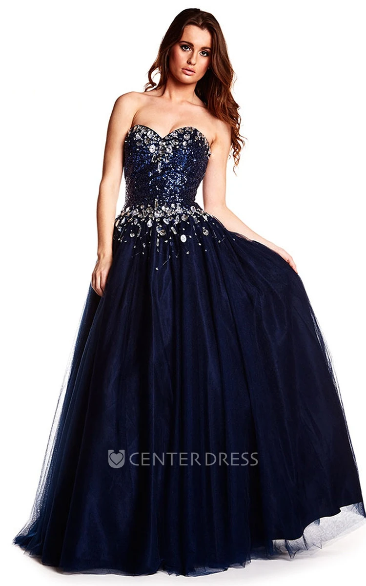 A-Line Crystal Sleeveless Sweetheart Tulle Prom Dress