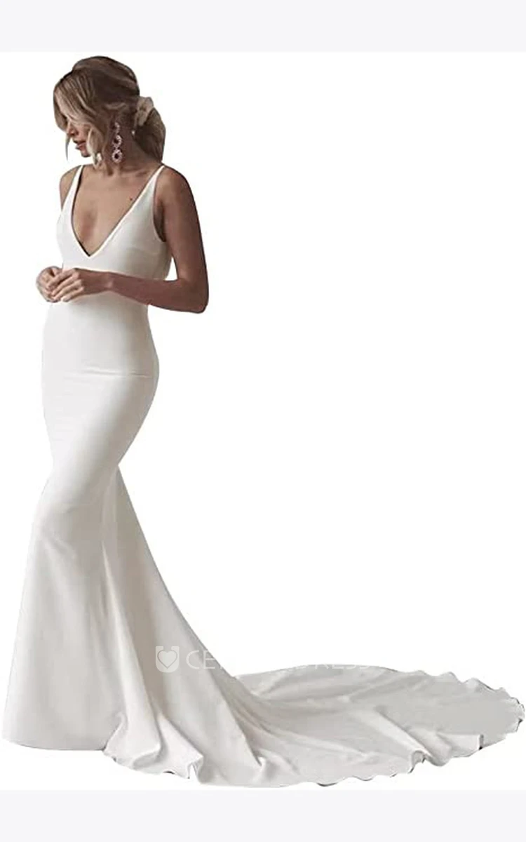 Satin Mermaid Wedding Dress with V-neck and Open Back Elegant Satin V-neck Wedding Dress