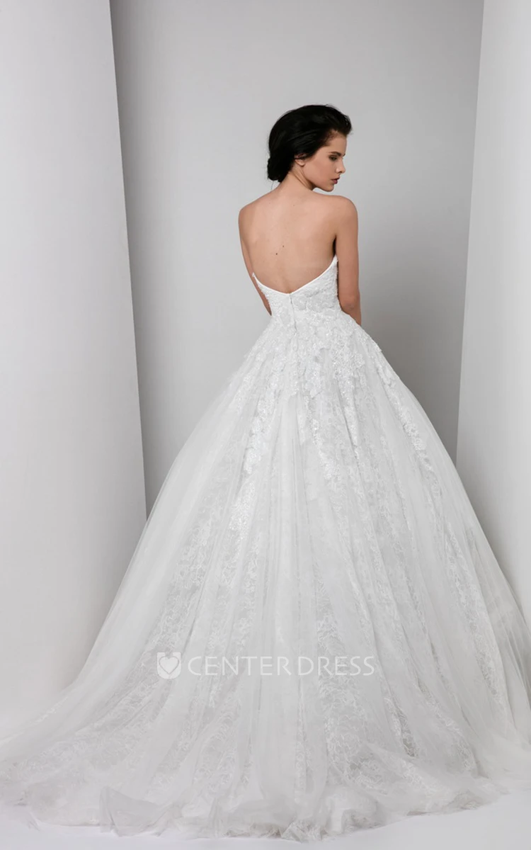 Ball Gown Maxi Appliqued Sweetheart Lace Wedding Dress With Beading And V Back