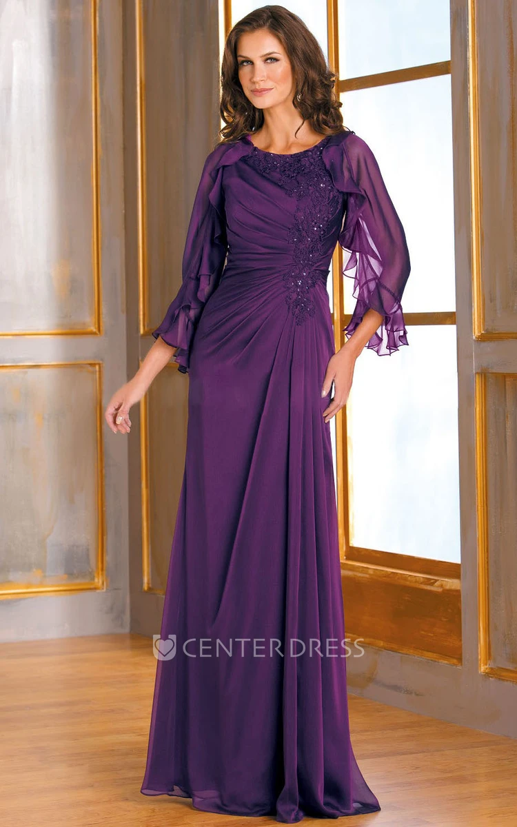 3-4 Sleeved Long Mother Of The Bride Dress With Ruffles And Beadings