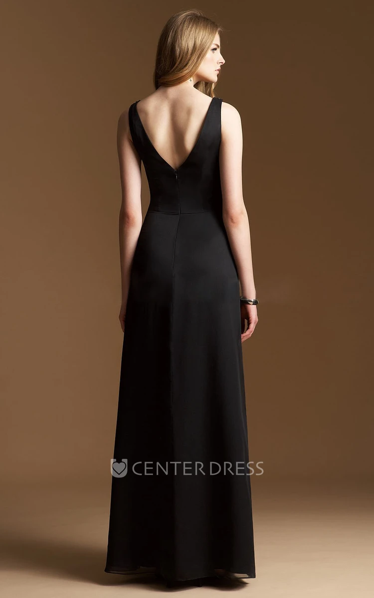Sleeveless V-Neck A-Line Long Bridesmaid Dress With Jewels And V-Back