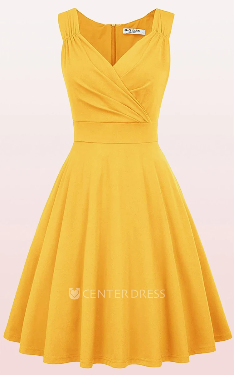 Casual Sleeveless A Line Jersey V-neck Prom Cocktail Dress With Ruffles