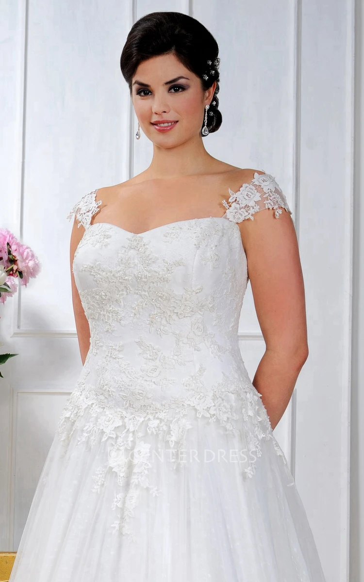 Lace Caped-Sleeve A-Line Pleated Gown With Appliques