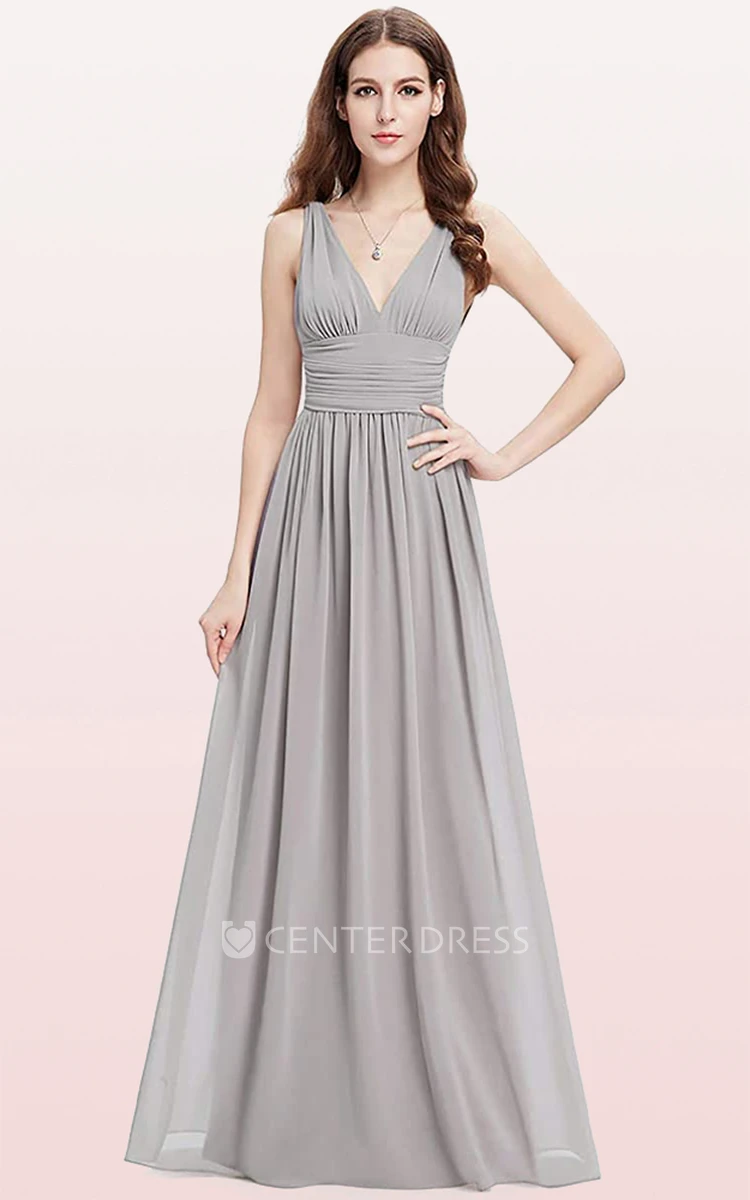 Romantic A Line Chiffon V-neck Sleeveless Prom Dress With Ruffles