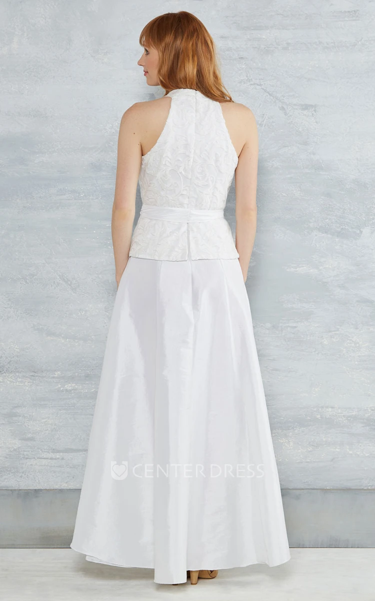 A-Line V-Neck Sleeveless High-Low Appliqued Taffeta Wedding Dress With Bow