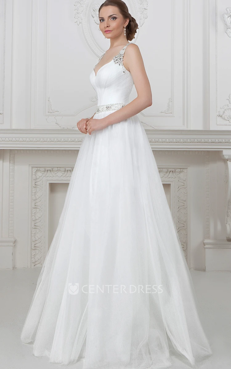 A-Line Sleeveless Floor-Length Beaded Tulle Wedding Dress With Waist Jewellery And Pleats