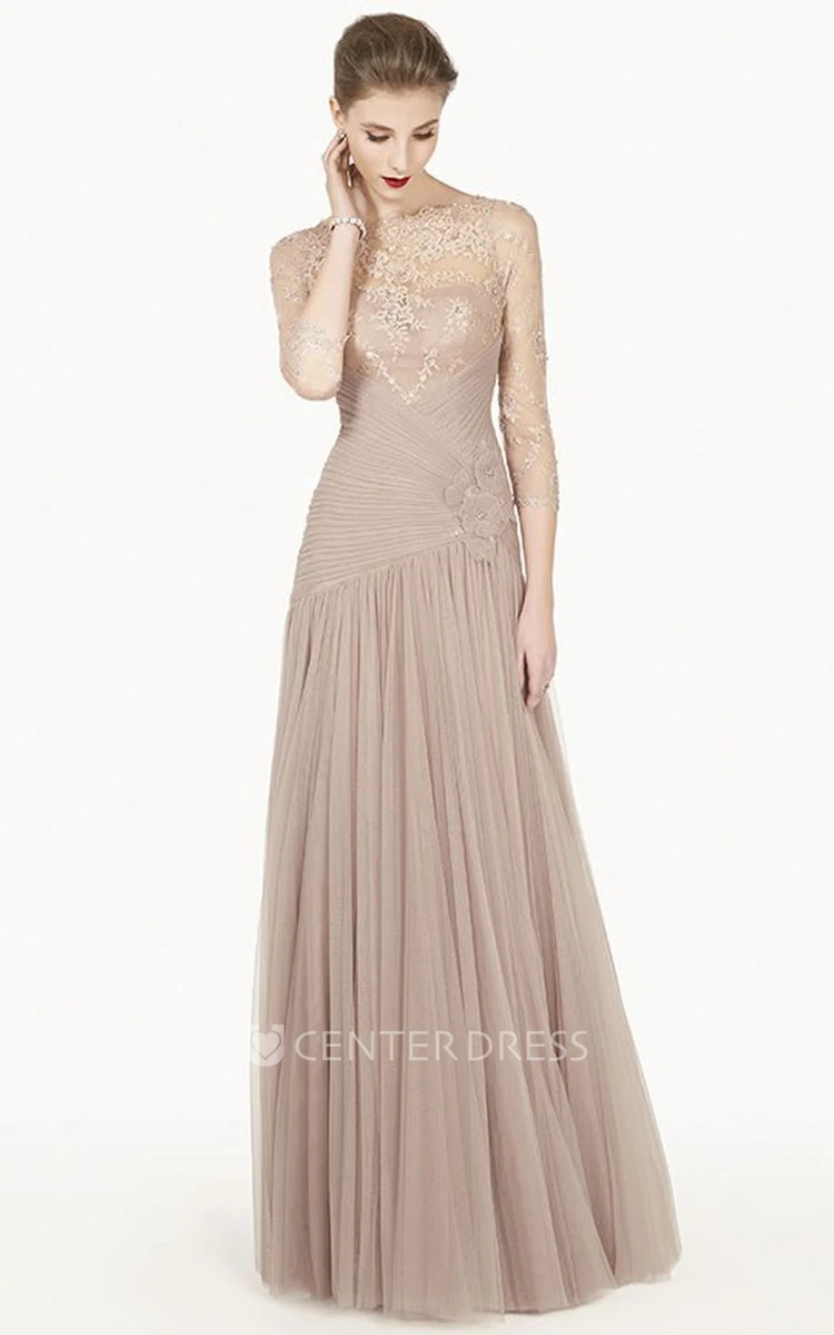 Bateau 3-4 Sleeve Lace Top Tulle Long Prom Dress With Flower And Illusion Back