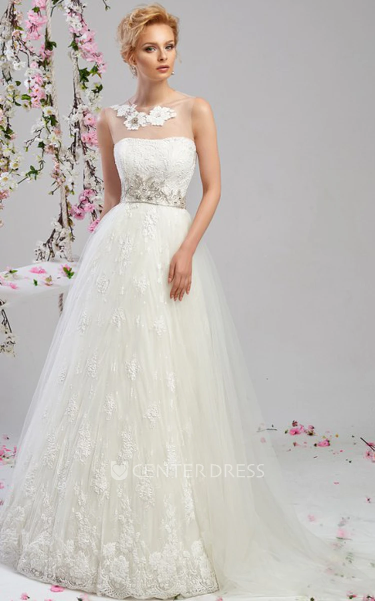 A-Line Floor-Length Sleeveless Strapless Appliqued Tulle Wedding Dress With Waist Jewellery And Cape