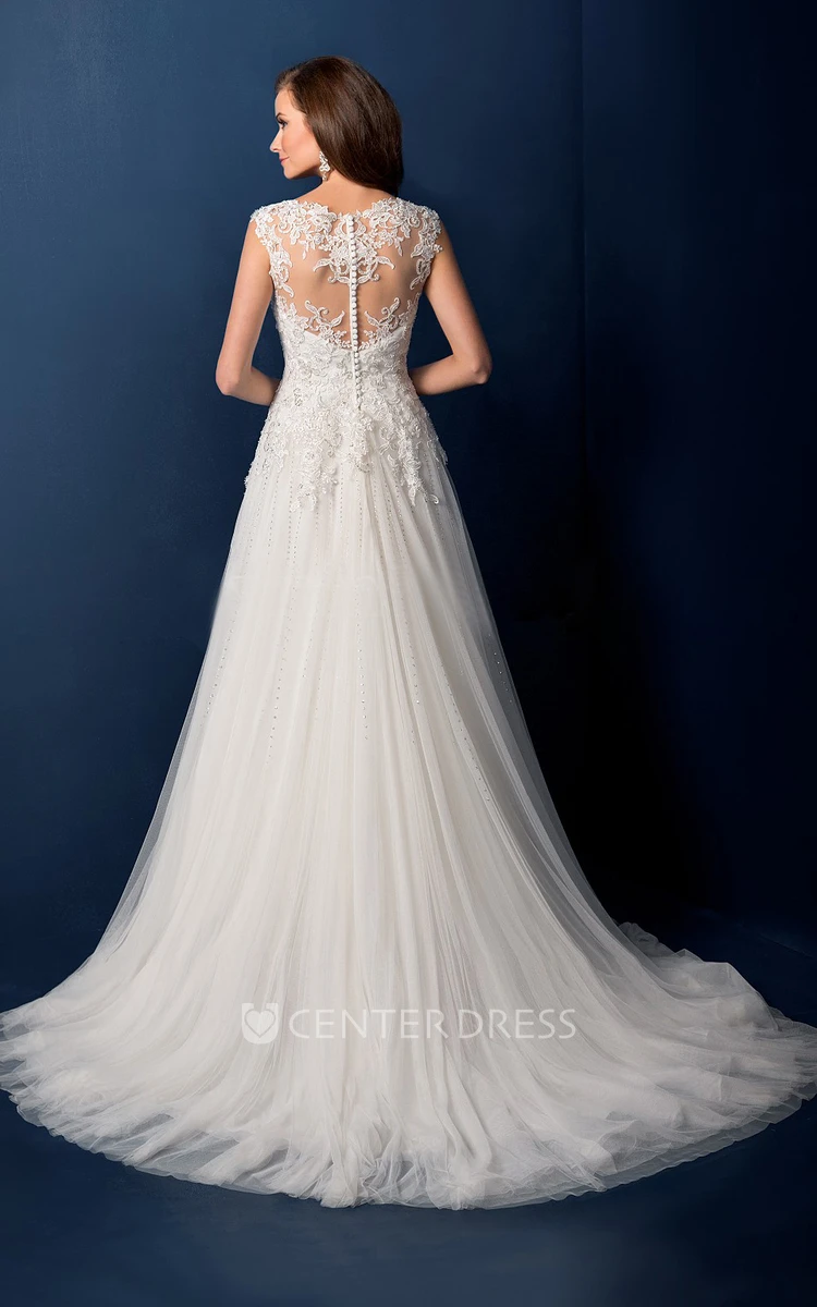 Cap-Sleeved V-Neck A-Line Wedding Dress With Beadings And Illusion Back