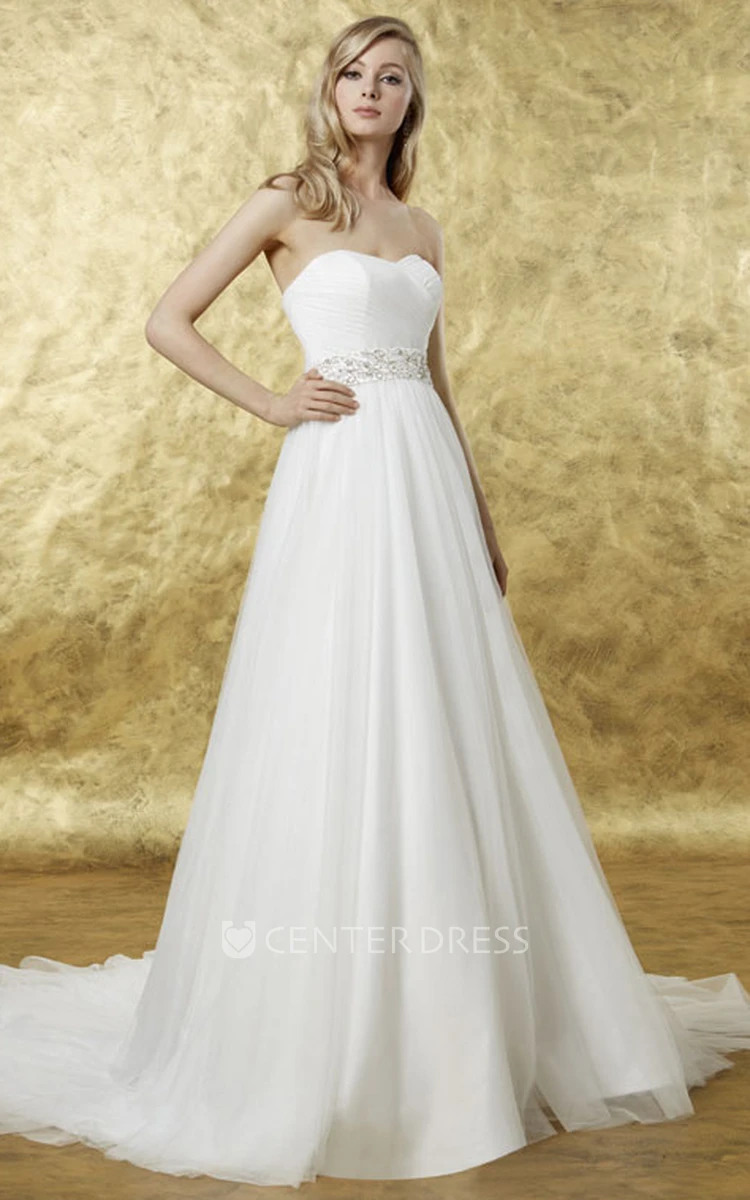 Floor-Length Sweetheart Jeweled Tulle Wedding Dress With Court Train And V Back