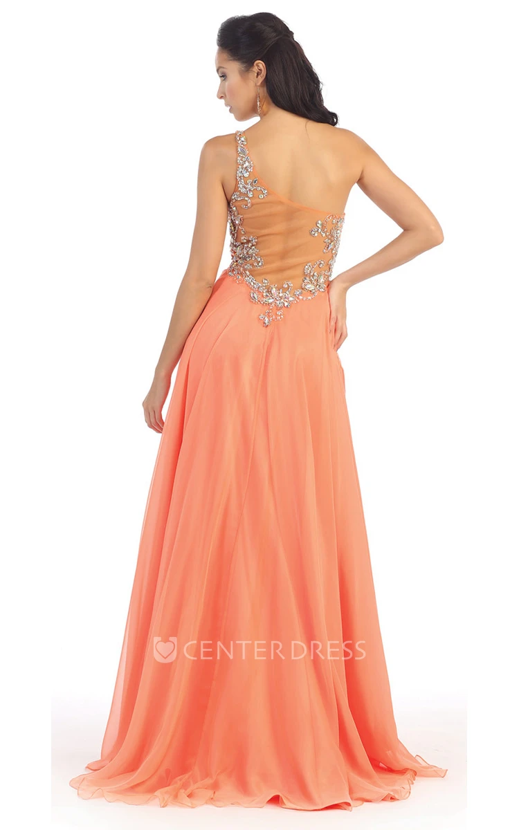 A-Line Maxi One-Shoulder Sleeveless Chiffon Illusion Dress With Beading And Draping