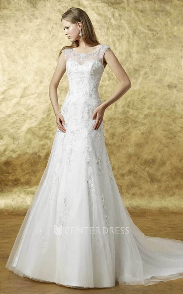 A-Line Floor-Length Appliqued Scoop Cap-Sleeve Tulle Wedding Dress With Illusion Back And Chapel Train