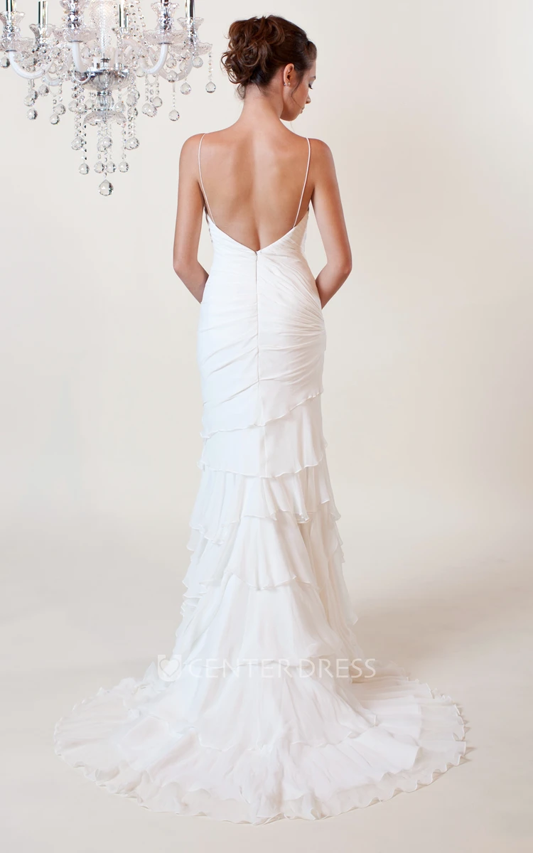 Sheath Spaghetti Sleeveless Floor-Length Beaded Chiffon Wedding Dress With Low-V Back And Tiers