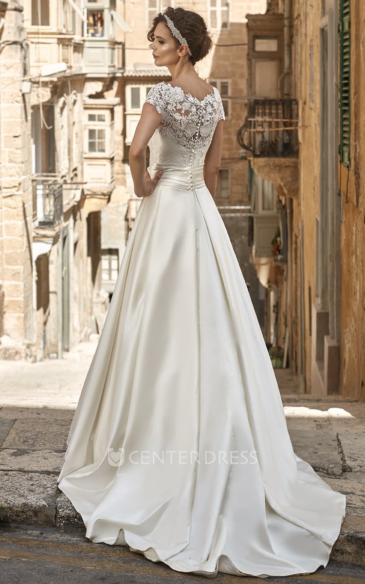 A-Line Maxi Short-Sleeve Square-Neck Lace Satin Wedding Dress 