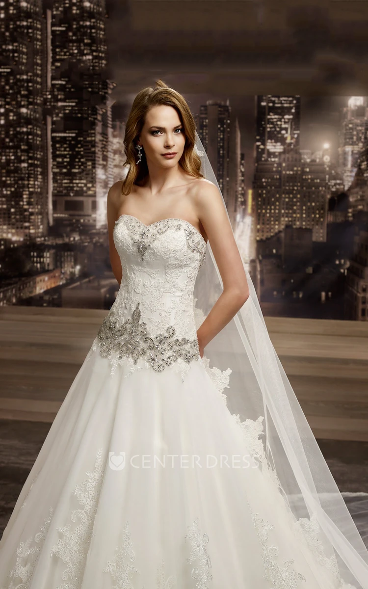 Sweetheart Brush-train A-line Lace Wedding Gown with Beaded Details and Appliques 