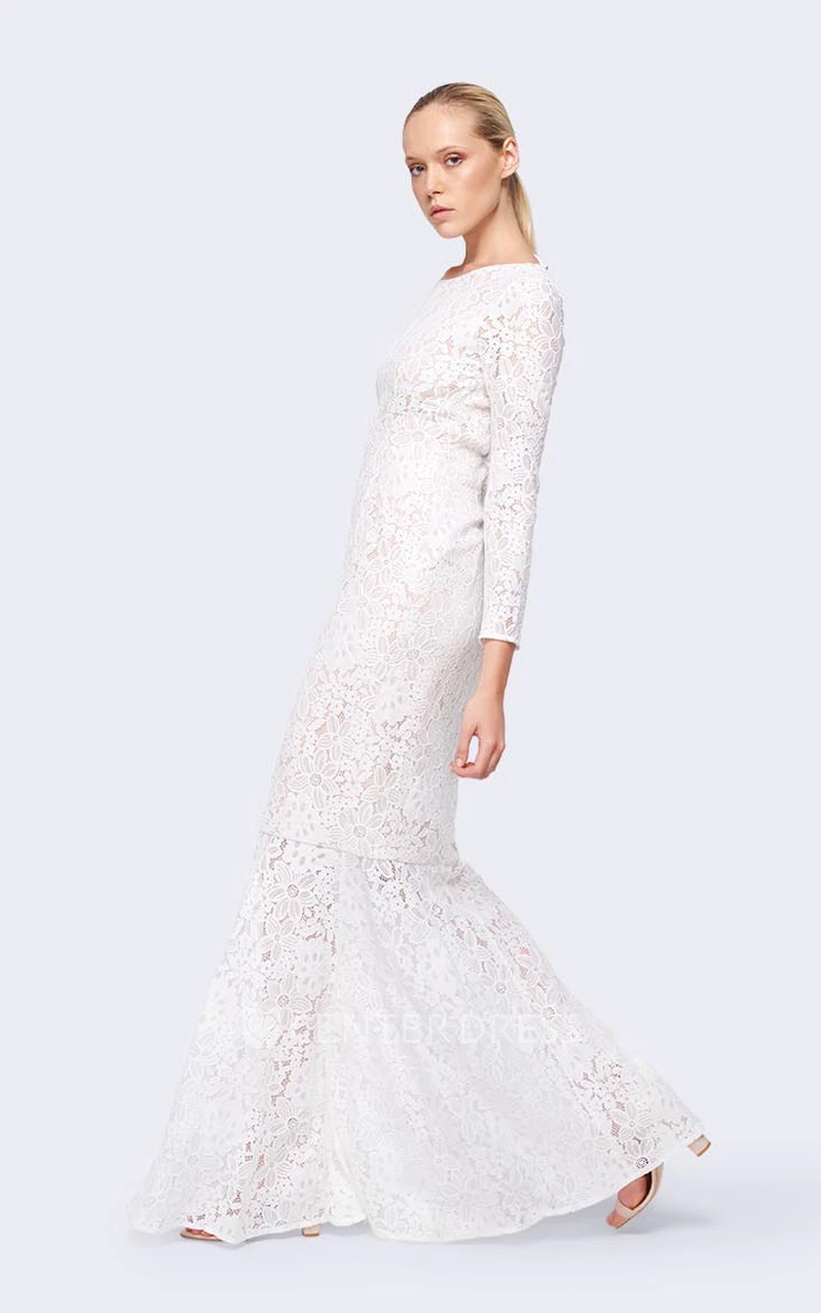 Sheath Floor-Length Jewel-Neck Long-Sleeve Lace Wedding Dress With Straps