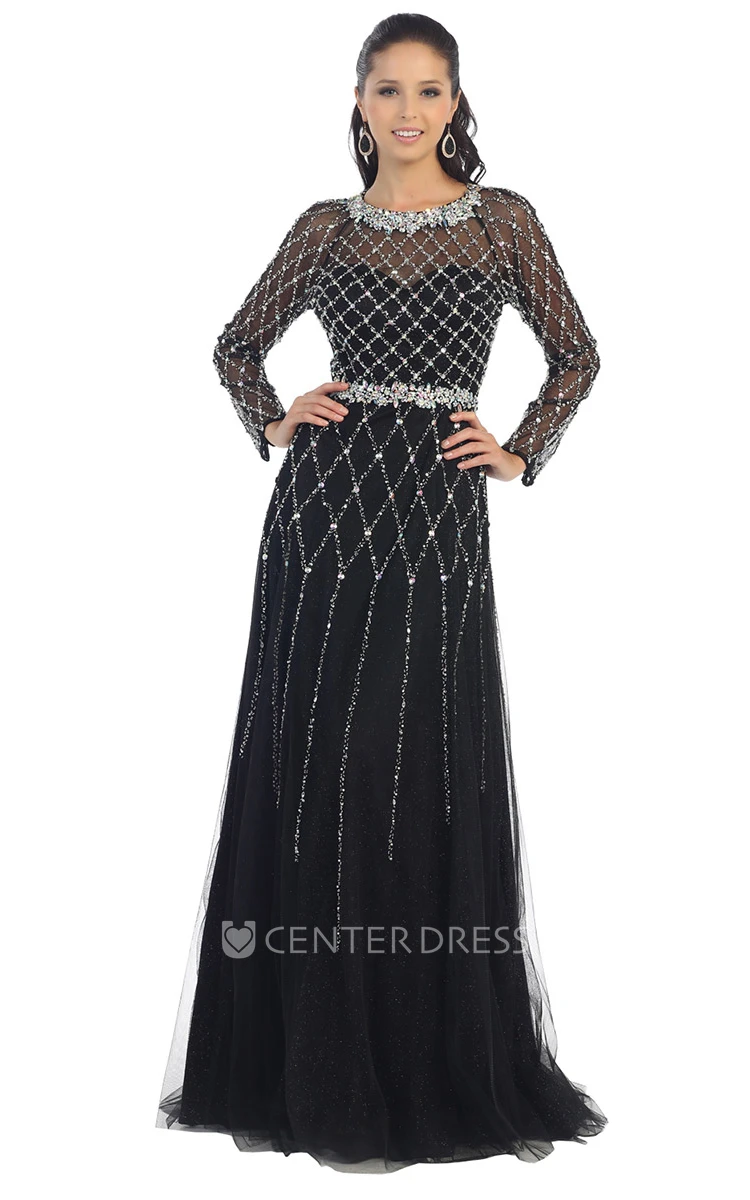 A-Line Jewel-Neck Long Sleeve Tulle Backless Dress With Beading