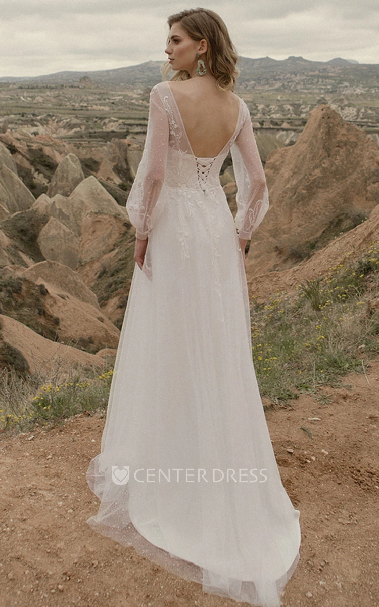 Casual A-Line Bateau Wedding Dress With Jewel Neckline And Corset Deep-V Back