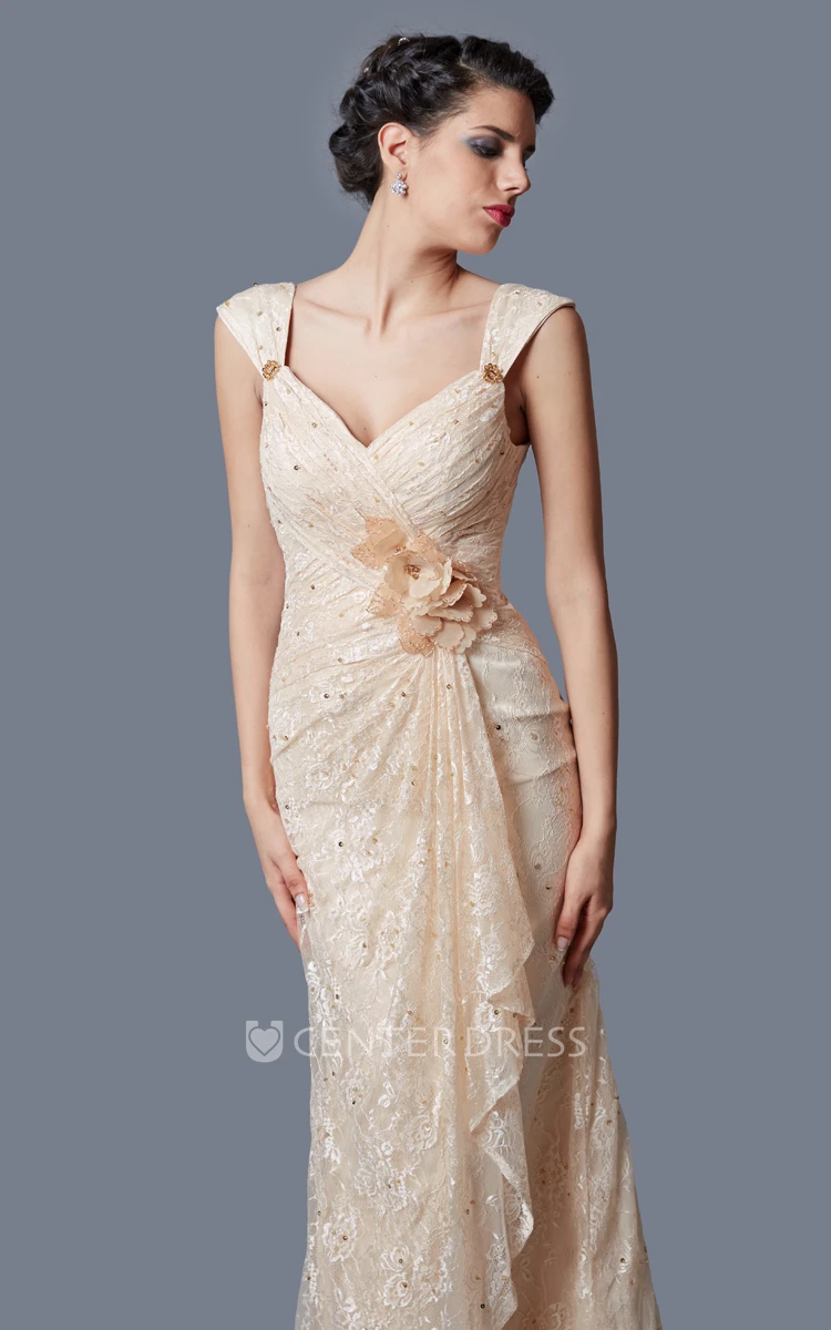 Queen Anne Cap Sleeve Draped Form-fitted Lace Bridesmaid Gown With Flowers